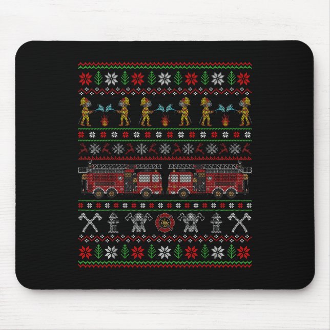 Ugly Xmas Sweater Style Fire Truck Firefighter Chr Mouse Pad (Front)