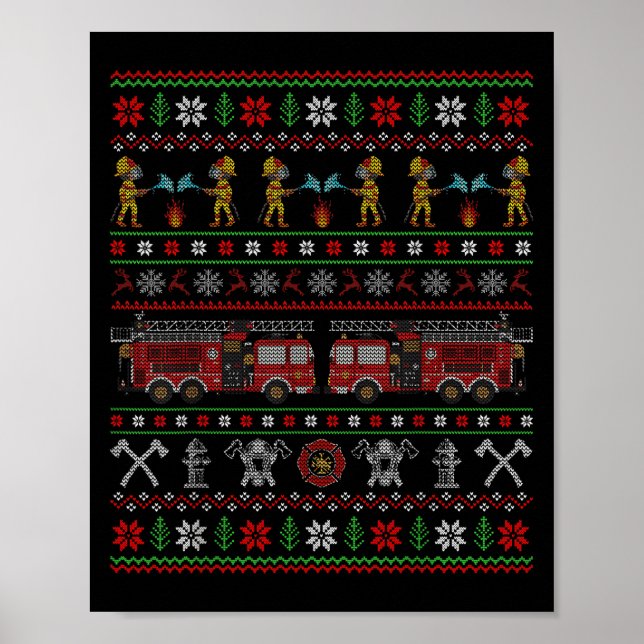 Ugly Xmas Sweater Style Fire Truck Firefighter Chr Poster (Front)