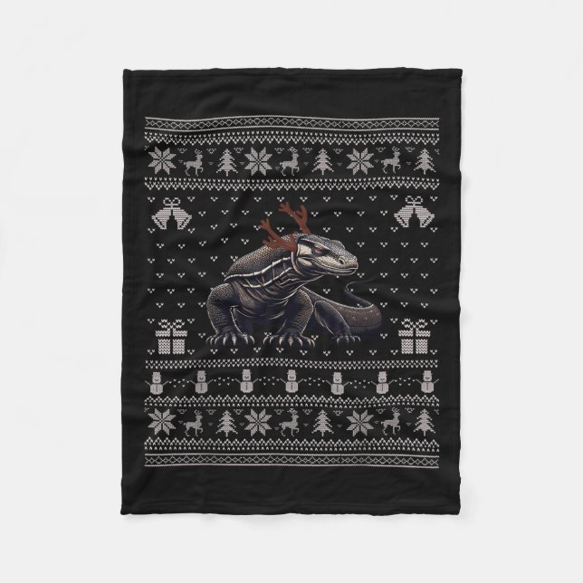 Ugly Xmas Sweater Style Komodo Dragon Reindeer Chr Fleece Blanket (Front)