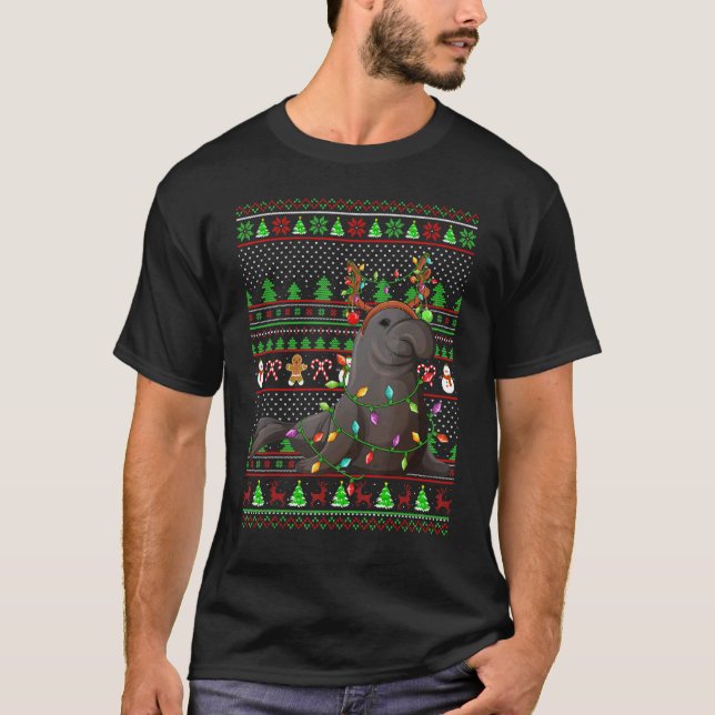 Ugly Xmas Sweater Style Lighting Manatee Christmas (Front)