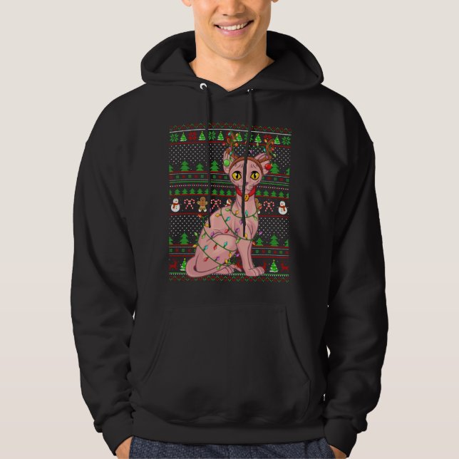 Ugly Xmas Sweater Style Lighting Sphynx Cat Christ (Front)