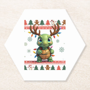 Ugly Xmas Sweater Style Lighting Turtle Christmas  Paper Coaster