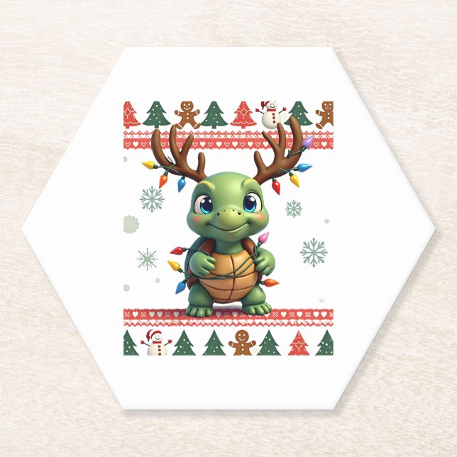 Ugly Xmas Sweater Style Lighting Turtle Christmas  Paper Coaster (Front)