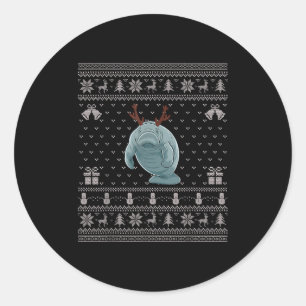 Ugly Xmas Sweater Style Manatee Reindeer Christmas Classic Round Sticker