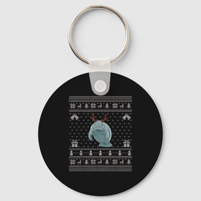 Ugly Xmas Sweater Style Manatee Reindeer Christmas Key Ring (Front)