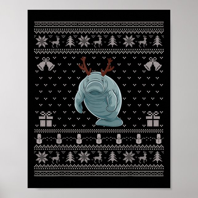 Ugly Xmas Sweater Style Manatee Reindeer Christmas Poster (Front)