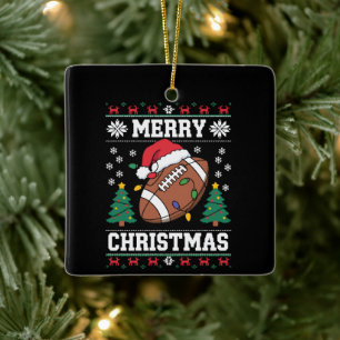 Ugly Xmas Sweater Style Santa American Football Ceramic Ornament