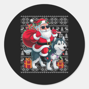 Ugly Xmas Sweater Style Santa Riding Husky Dog Chr Classic Round Sticker