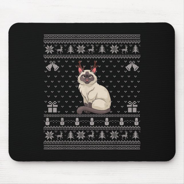 Ugly Xmas Sweater Style Siamese Cat Reindeer Chris Mouse Pad (Front)