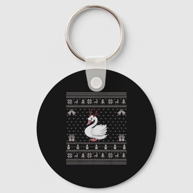 Ugly Xmas Sweater Style Swans Reindeer Christmas  Key Ring (Front)
