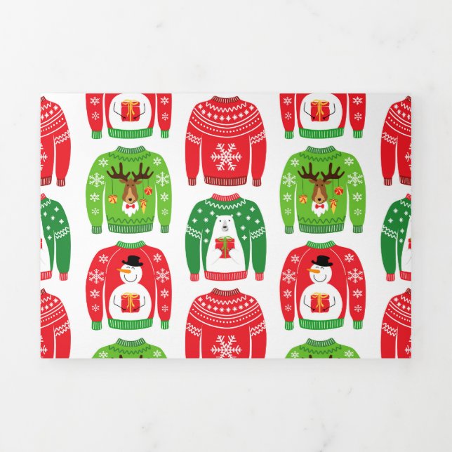 Ugly Xmas Sweaters Polar Bear Snowman Rudolf Red Tri-Fold Holiday Card (Cover)