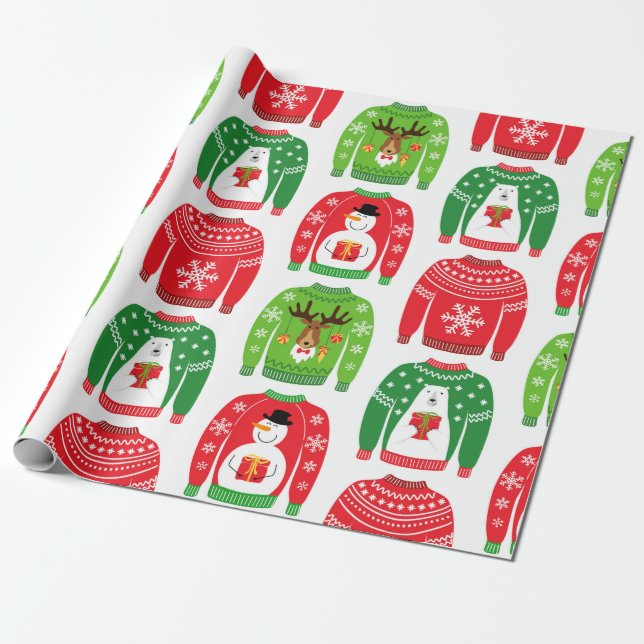 Ugly Xmas Sweaters Polar Bear Snowman Rudolf Red Wrapping Paper (Unrolled)