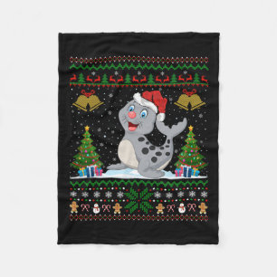 Ugly Xmas Tree Lights Santa Hat Seal Christmas Fleece Blanket