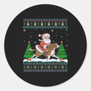 Ugly Xmas Tree Santa Riding Brittany Spaniel Dog C Classic Round Sticker