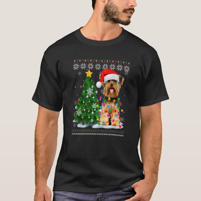 Ugly Yorkshire Terrier Dog Santa Hat Christmas Tre T-Shirt (Front)