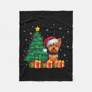 Ugly Yorkshire Terrier Santa Hat Christmas Lights Fleece Blanket