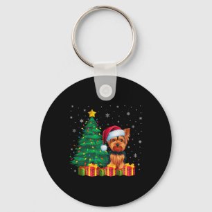 Ugly Yorkshire Terrier Santa Hat Christmas Lights Key Ring