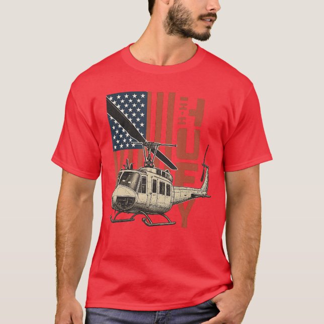 UH1 Huey Military Helicopter Aviation American Fla T-Shirt (Front)
