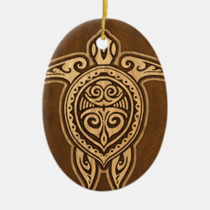 Uhane Honu Faux Wood Hawaiian Turtle Ceramic Tree Decoration