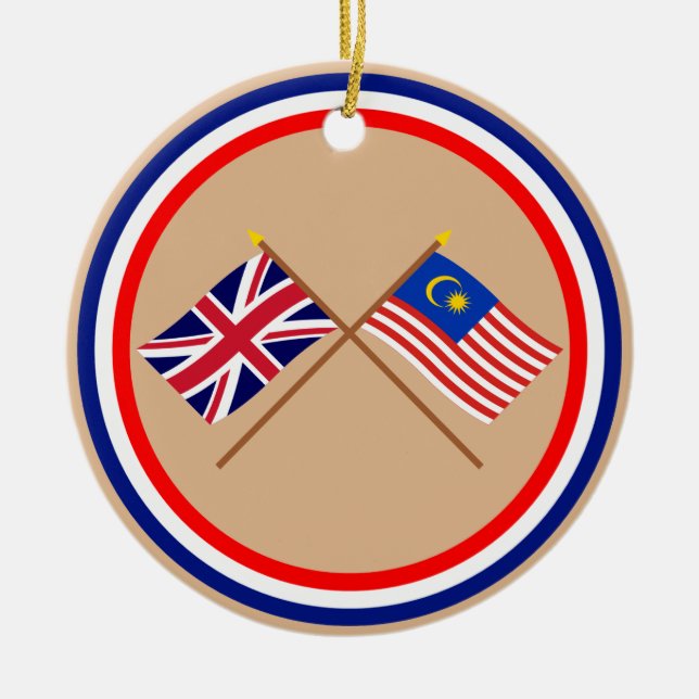 UK and Malaysia Crossed Flags Ceramic Tree Decoration (Front)
