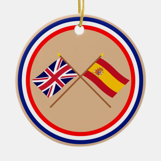 UK and Spain Crossed Flags Ceramic Tree Decoration (Front)