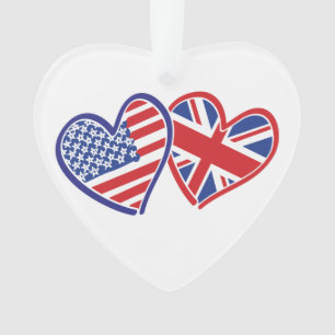 UK and USA Flag Hearts Ornament