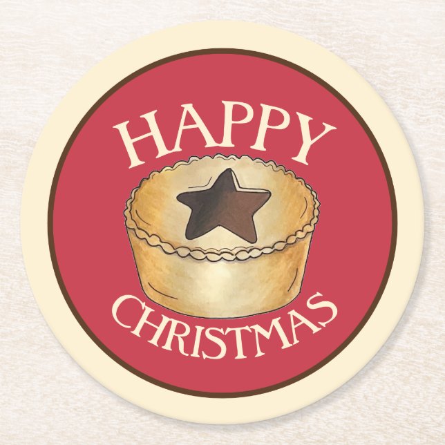 UK British Food Fruit Mince Pie Happy Christmas Round Paper Coaster (Front)