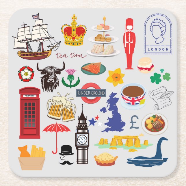 UK British Symbols Square Paper Coaster (Front)