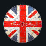 UK flag antiqued style hope & glory dart board<br><div class="desc">A unique antique style United Kingdom flag dart board in red, white and blue hues. Designed using the union jack, flag of Britain and adding a little vintage treatment. With the sporting and patriotic words Hope & Glory. Produced by Sarah Trett. Would look great in a UK patriotic bedroom or...</div>