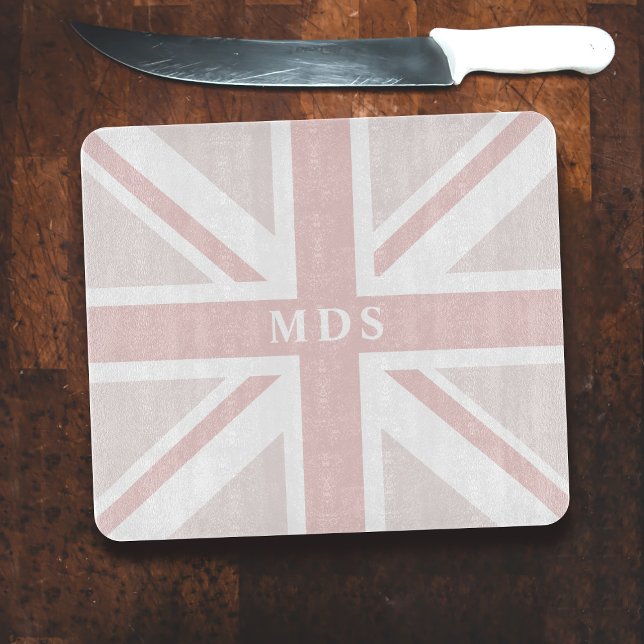 UK Flag Pink Union Jack Monogrammed Cutting Board (Long live your new glass chopping board!)