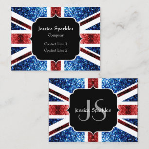 UK flag red and blue sparkles glitters Monogram Business Card