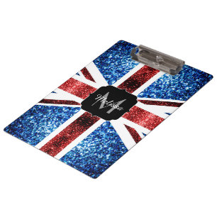 UK flag red and blue sparkles glitters Monogram Clipboard
