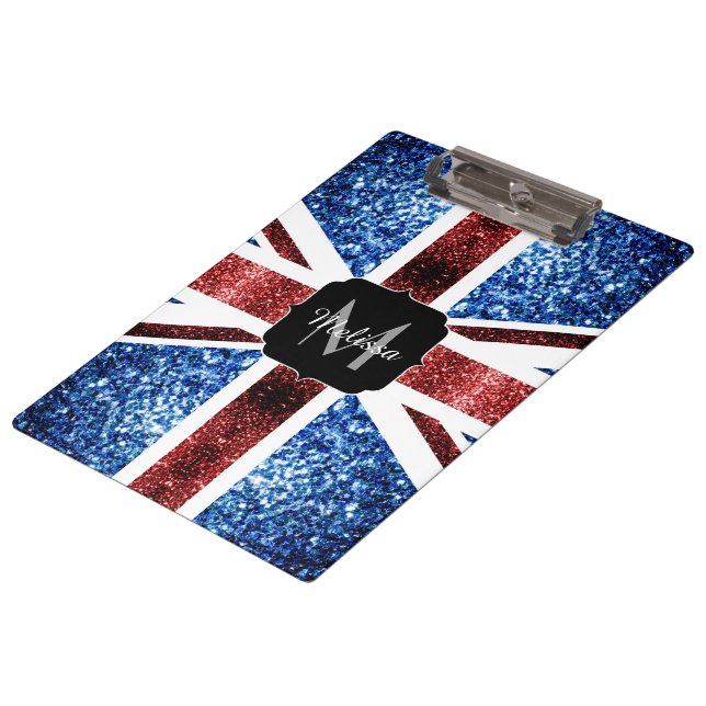 UK flag red and blue sparkles glitters Monogram Clipboard (Angled)