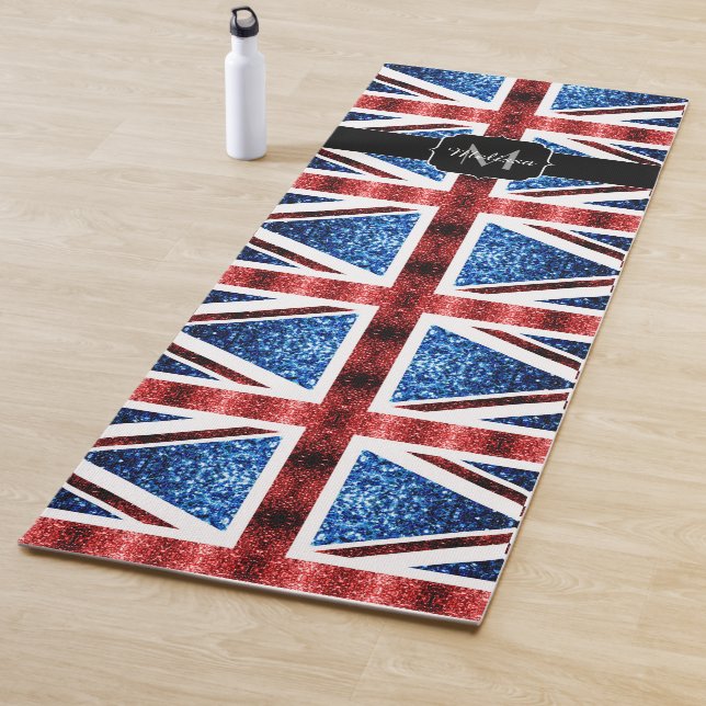 UK flag red blue sparkles glitter pattern Monogram Yoga Mat (In Situ)