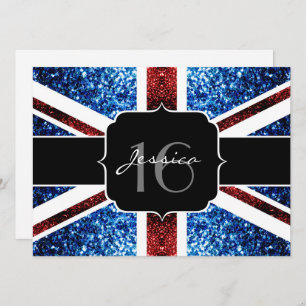 UK flag red blue sparkles glitter Sweet 16 invite