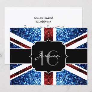 UK flag red blue sparkles glitter Sweet 16 invite