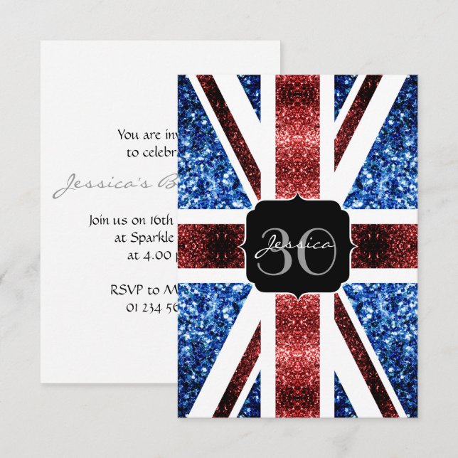 UK flag red blue sparkles glitters Monogram Invite (Front/Back)