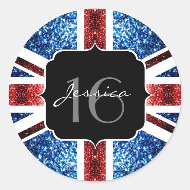 UK flag red blue sparkles glitters Sweet 16 Classic Round Sticker (Front)