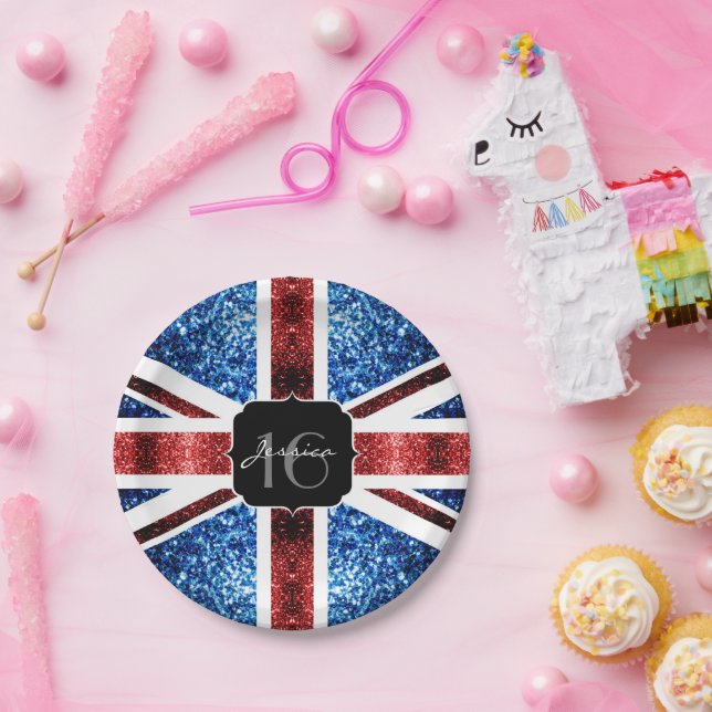 UK flag red blue sparkles glitters Sweet 16 Paper Plate (Party)