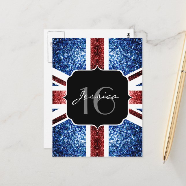 UK flag red blue sparkles glitters Sweet 16 Postcard (Front/Back In Situ)