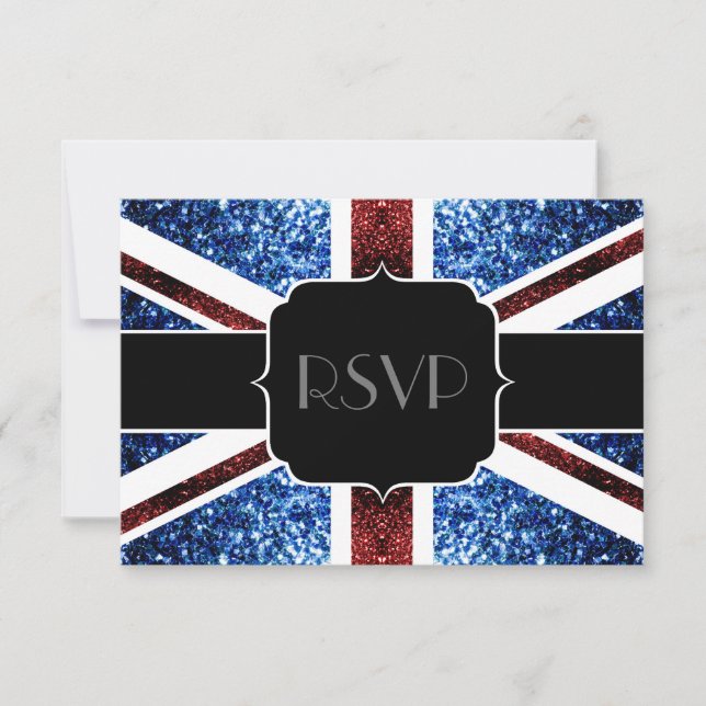 UK flag red blue sparkles glitters Sweet 16 RSVP (Front)