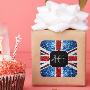 UK flag red blue sparkles glitters Sweet 16 Square Sticker