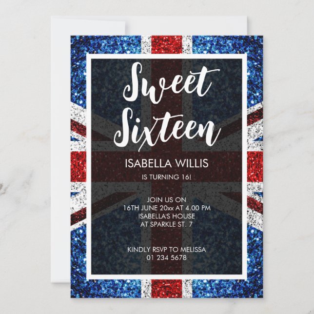 UK flag red blue white sparkles elegant Sweet 16 Invitation (Front)
