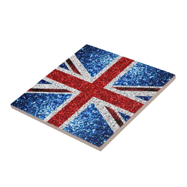 UK flag red blue white sparkles glitters Ceramic Tile (Side)