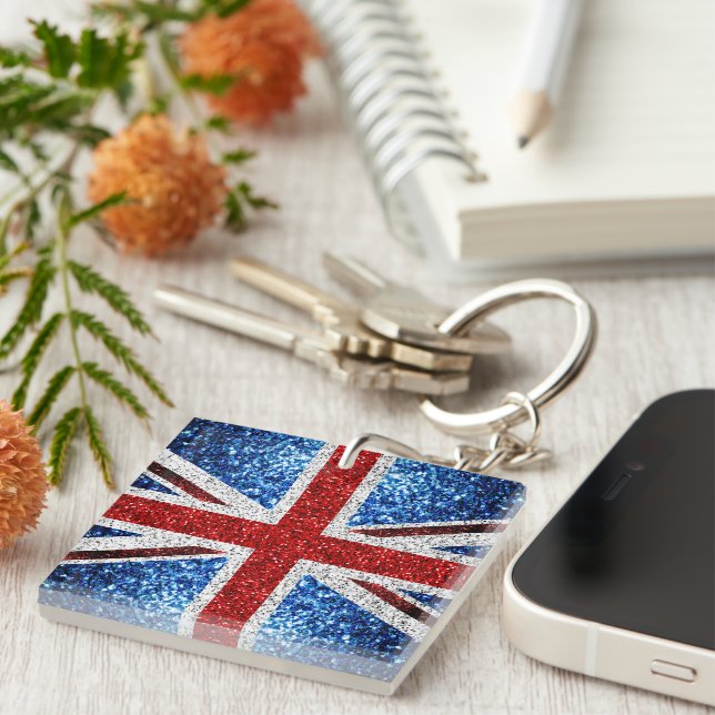 UK flag red blue white sparkles glitters Key Ring (Front Right)