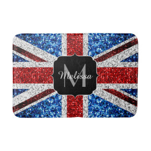 UK flag red blue white sparkles glitters Monogram Bath Mat