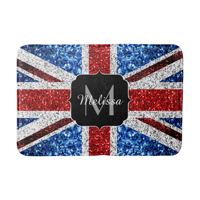 UK flag red blue white sparkles glitters Monogram Bath Mat (Front)
