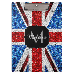 UK flag red blue white sparkles glitters Monogram Clipboard