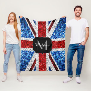 UK flag red blue white sparkles glitters Monogram Fleece Blanket
