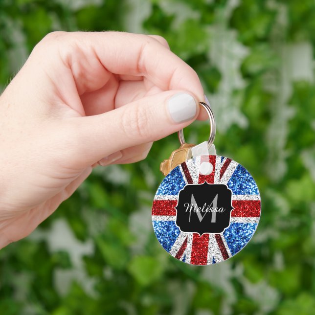 UK flag red blue white sparkles glitters Monogram Key Ring (Hand)